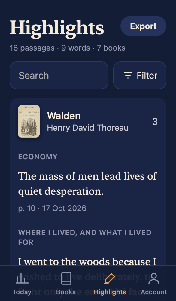 Highlights from Walden grouped by chapter, with a search field and filters