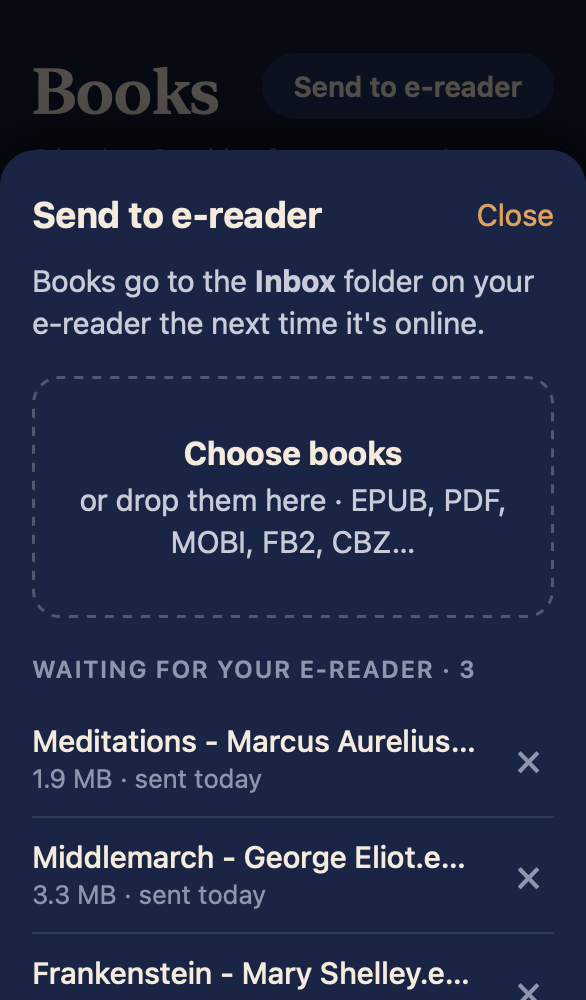 Send to e reader: one book uploading and three waiting for the reader